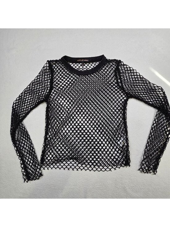 Almost Famous Tops - Womens Large Long Sleeve Black Fishnet Mesh Top Whimsigoth Goth Festival